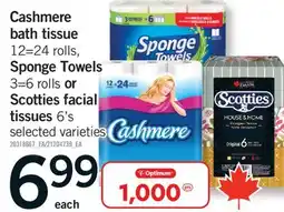 Fortinos CASHMERE BATH TISSUE 12 = 24 ROLLS, SPONGE TOWELS 3 = 6 ROLLS OR SCOTTIES FACIAL 6' S offer