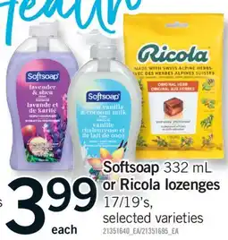 Fortinos SOFTSOAP 332 ML OR RICOLA LOZENGES 17/19'S offer