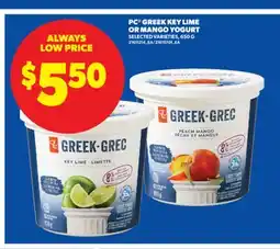 Real Canadian Superstore PC GREEK KEY LIME OR MANGO YOGURT, 650 G offer