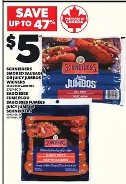 Independent Grocer SCHNEIDERS SMOKED SAUSAGE OR JUICY JUMBOS WIENERS, 375/450 G offer
