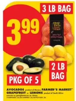 No Frills AVOCADOS, FARMER'S MARKET GRAPEFRUIT or LEMONS, PKG OF 5 offer