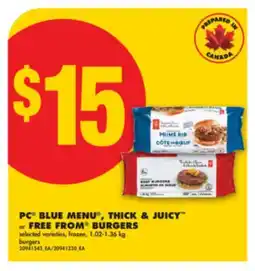 No Frills PC BLUE MENU , THICK & JUICY or FREE FROM BURGERS, 1.02-1.36 kg offer