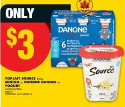 No Frills YOPLAIT SOURCE, 630 g, MINIGO or DANONE DANINO, 6's YOGURT offer