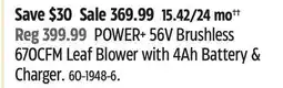 Canadian Tire EGO POWER+ 56V Brushless 670CFM Leaf Blower with 4Ah Battery & Charger offer