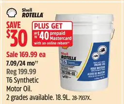 Canadian Tire Shell Rotella T6 Synthetic Motor Oil. 2 grades available. 18.9L offer