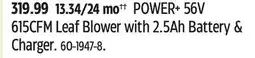 Canadian Tire EGO POWER+ 56V 615CFM Leaf Blower with 2.5Ah Battery & Charger offer