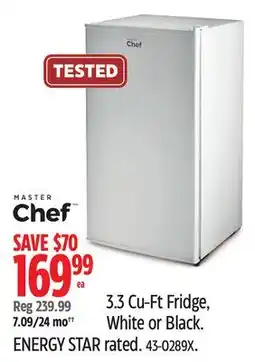 Canadian Tire MasterChef 3.3 Cu-Ft Fridge, White or Black. ENERGY STAR rated offer
