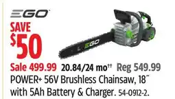 Canadian Tire Ego Power+ 56 V Brushless Chainsaw, 18 with 5Ah Battery & Charger offer