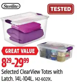 Canadian Tire Sterilite Selected ClearView Totes with Latch. 14L-104L offer