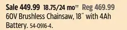 Canadian Tire Greenworks 60V Brushless Chainsaw, 18˝ with 4Ah Battery offer