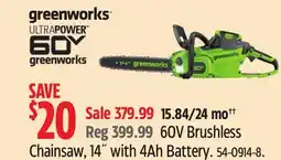 Canadian Tire Greenworks 60V Brushless Chainsaw offer