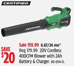 Canadian Tire 20V Cordless 400CFM Blower with 2Ah Battery & Charger offer