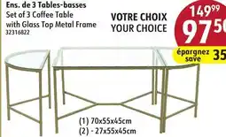 Sushi Shop Set of 3 Coffee Table with Glass Top Metal Frame offer