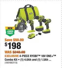 Home Depot EXCLUSIVE 4-PIECE RYOBI 18V ONE+ Combo Kit • (1) 4.0Ah and (1) 1.5Ah Battery and Charger offer