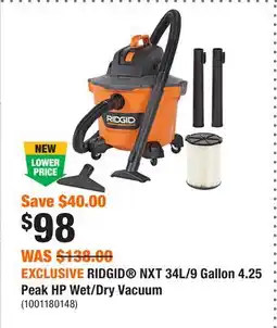 Home Depot EXCLUSIVE RIDGID NXT 34L/9 Gallon 4.25 Peak HP Wet/Dry Vacuum offer