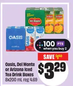 Chalo FreshCo Oasis, Del Monte or Arizona Iced Tea Drink Boxes 8x200 mL offer