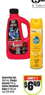Chalo FreshCo Drano Max Gel 900 mL, Pledge Aerosol 275 g, Ziploc Sandwich Bags 10-180 pk offer