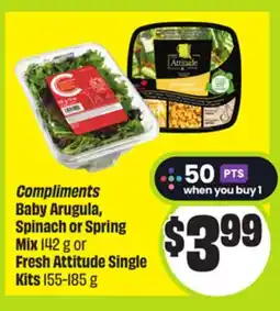 FreshCo Compliments Baby Arugula, Spinach or Spring Mix 142 g or Fresh Attitude Single Kits 155-185 g offer