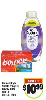 FreshCo Bounce Dryer Sheets 200 pk or Downy Rinse 1.08-1.09 L offer