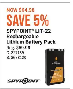 Cabela's SPYPOINT LIT-22 Rechargeable Lithium Battery Pack offer