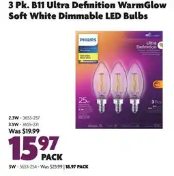 Home Hardware 3 Pk. B11 Ultra Definition WarmGlow Soft White Dimmable LED Bulbs 2.3W offer