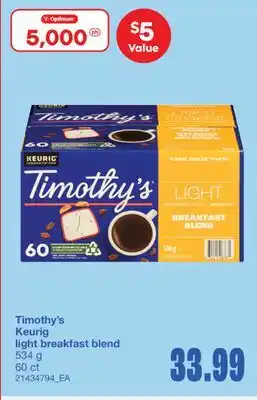 Wholesale Club TIMOTHY'S LIGHT BREAKFAST BLEND, 534 G, 60 CT offer