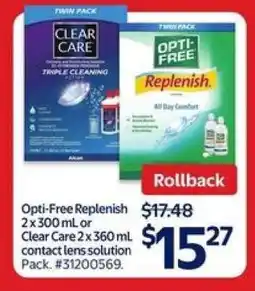 Walmart Opti-Free Replenish or Clear Care Contact Lens Solution Pack offer