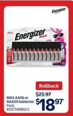 Walmart Energizer MAX AA36 or AAA24 Batteries offer