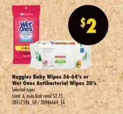 No Frills Huggies Baby Wipes 56-64's or Wet Ones Antibacterial Wipes 20's offer