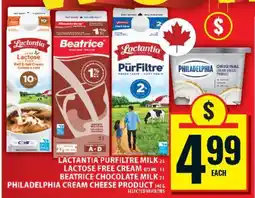 Food Basics Lactantia PurFiltre Milk, Lactose-Free Cream, Beatrice Chocolate Milk, Philadelphia Cream Cheese offer
