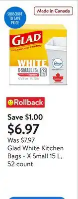 Walmart Glad White Kitchen Bags - X Small 15 L, 52 count offer