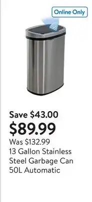 Walmart 13 Gallon Stainless Steel Garbage Can 50L Automatic offer
