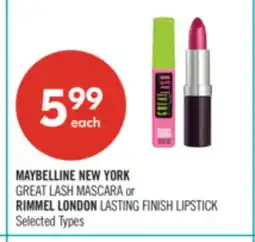 Shoppers Drug Mart MAYBELLINE NEW YORK GREAT LASH MASCARA or RIMMEL LONDON LASTING FINISH LIPSTICK offer