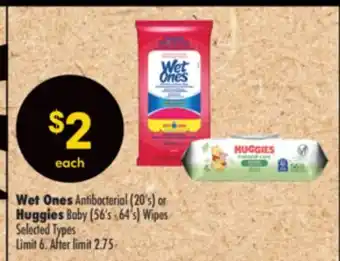 Shoppers Drug Mart Wet Ones Antibacterial (20's) or Huggies Baby (56's - 64's) Wipes offer