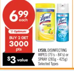 Shoppers Drug Mart LYSOL DISINFECTING WIPES (75's - 84's) or SPRAY (283g - 425g) offer