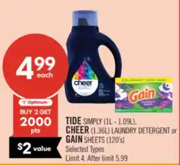 Shoppers Drug Mart TIDE SIMPLY (1L - 1.09L), CHEER (1.36L) LAUNDRY DETERGENT or GAIN SHEETS (120's) offer
