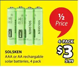 JYSK SOLSKEN AAA or AA rechargable solar batteries offer
