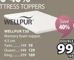 JYSK WELLPUR T30 Memory foam topper offer