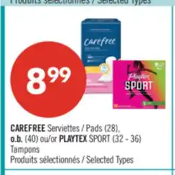 Pharmaprix CAREFREE Pads (28), o.b. (40) or PLAYTEX SPORT (32 - 36) Tampons offer