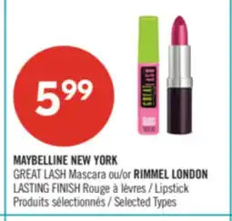 Pharmaprix MAYBELLINE NEW YORK GREAT LASH Mascara or RIMMEL LONDON LASTING FINISH Lipstick offer