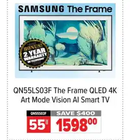 2001 Audio Video QN55LS03F Samsung The Frame 55 QLED 4K Art Mode Vision AI Smart TV offer