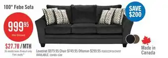 The Brick Made in Canada Febe 100 Chenille Fabric Sofa with Flared Arms and Accent Pillows - Charcoal Grey offer
