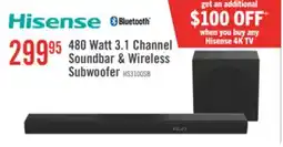 The Brick HISENSE 3.1 CH Dolby Audio DTS Virtual:X Soundbar with Wireless 480W Subwoofer (HS3100) offer