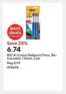 Staples BIC 4-Colour Ballpoint Pens, Retractable, 1.0mm, 3 pk offer