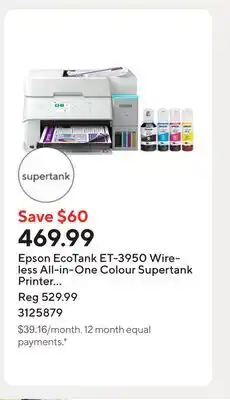 Staples Epson EcoTank ET-3950 Wireless All-in-One Colour Supertank Printer – White offer