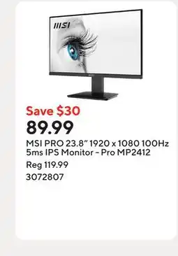 Staples MSI PRO 23.8 1920 x 1080 100Hz 5ms IPS Monitor - Pro MP2412 offer