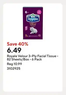 Staples Royale Velour 3-Ply Facial Tissue - 82 Sheets/Box - 6 Pack offer