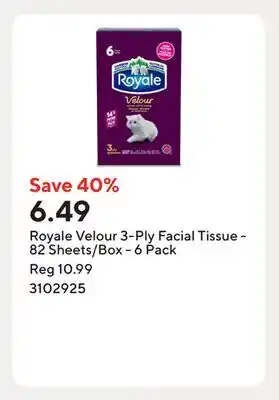Staples Royale Velour 3-Ply Facial Tissue - 82 Sheets/Box - 6 Pack offer
