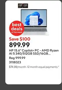 Staples HP 15.6 Copilot+ PC - AMD Ryzen AI 5 340/512GB SSD/16GB RAM/Windows 11 Home offer