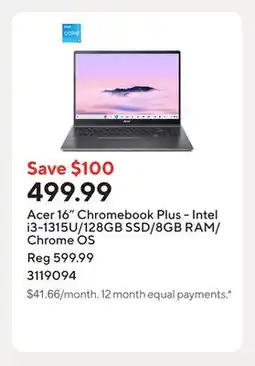 Staples Acer 16 Chromebook Plus - Intel i3-1315U/128GB SSD/8GB RAM/Chrome OS offer